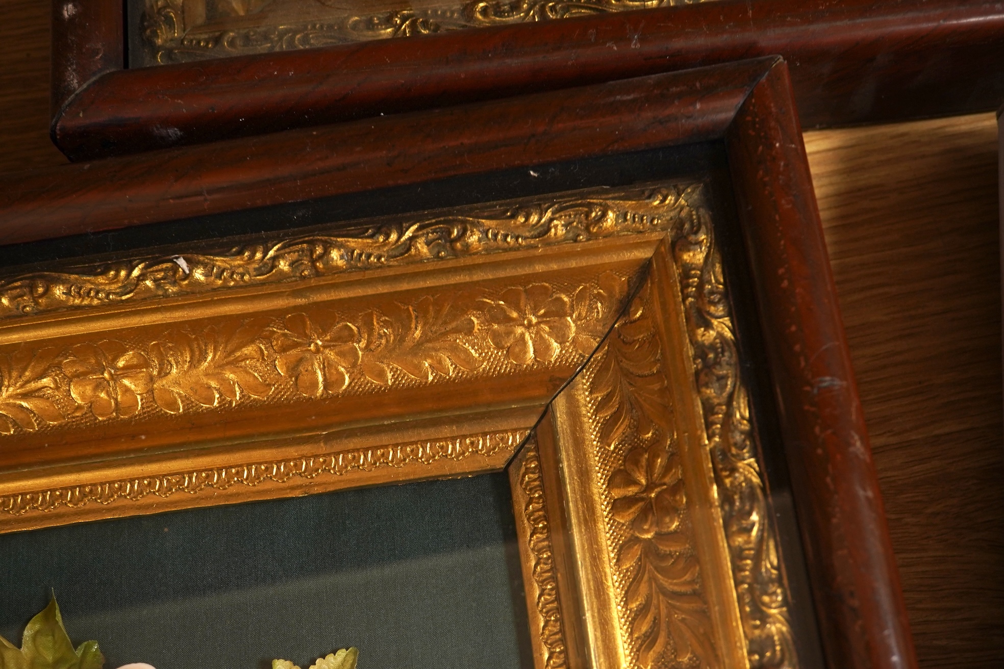 Two Victorian appliqué work floral pictures, in gilt and wood frames, one disassembled, overall 38 x 33cm